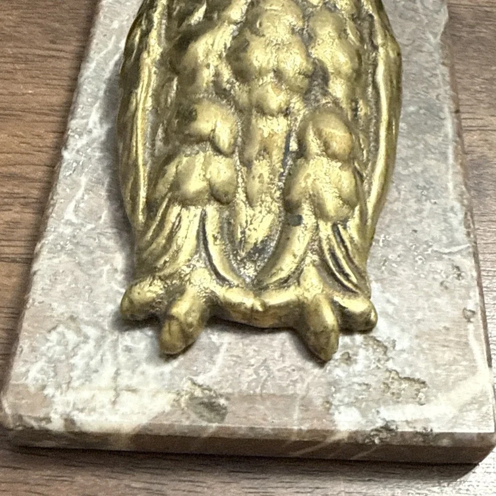 Antique OWL Figural Brass & Marble Desktop Paper Holder Paperclip Vintage Unique